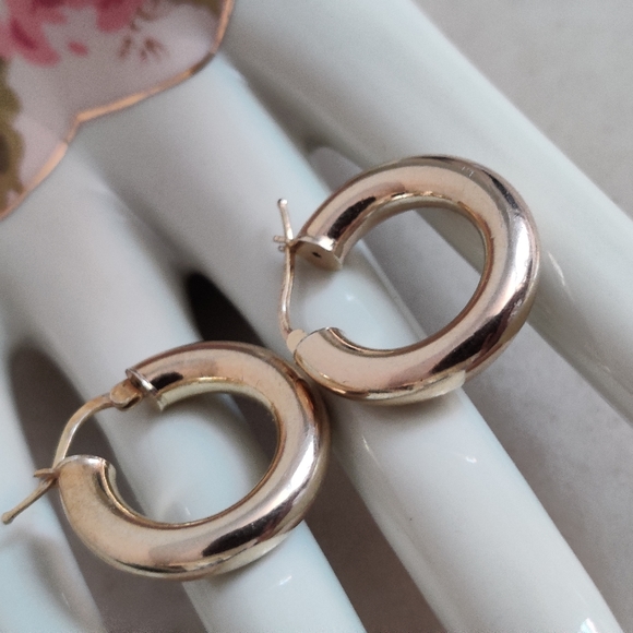 Gold over Silver 925 Puffed Hoops Earrings - Picture 11 of 13